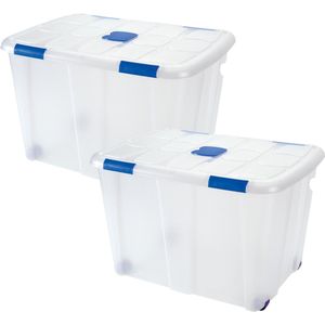 Plasticforte - Opslagbox - Transparant - 2x Stuks - 130L - 74 x 54 x 48 cm - Met Deksel - Opbergbak - Met Wielen