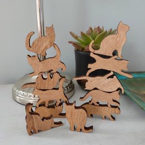 Desktop Anti Stress Stapeltoren voor Volwassenen - Houten Balanceer Puzzel Katten - Behendigheid Puzzel Brein Breker - Anti Stress Op Kantoor en Op Reis met Opbergtas - WoodyDoody