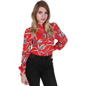 Dameshemd met rode opstaande kraag en modieus JOHN ZACK kettingpatroon