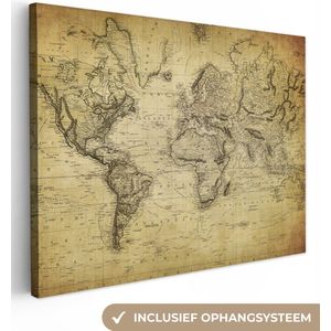 Canvas schilderij - Oude wereldkaart 80x60 - Kamer decoratie accessoires - Schilderijen wereld kaart woonkamer - Vintage world map wanddecoratie slaapkamer - Muurdecoratie keuken - Wanddoek interieur - Woondecoratie - Woonaccessoires