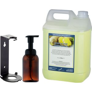 Zeepdispenser 300 ml amber bruin hervulbaar + 5 liter Body & Hair Fresh Ginger navulling (inclusief beugel)