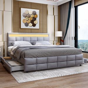 KOMHTOM Tweepersoonsbed Volwassenenbed 180x200 cm met 4 laden Lattenbodem en rugleuning Bekleed bed Fluweel grijs