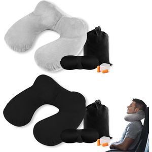 Nekkussen, 2 stuks traagschuim reiskussen, opblaasbaar reiskussen met oogmasker en oordopjes, ergonomisch nekkussen voor vliegtuig, auto, trein, kantoor en camping