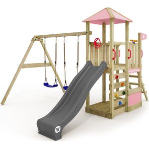 WICKEY speeltoestel klimtoestel Smart Savana met schommel & pastelroze zeil, outdoor kinderspeeltoestel met zandbak, ladder & speelaccessoires voor in de tuin
