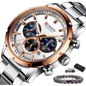 Curren - Horloge Heren - Cadeau voor Man - Horloges voor Mannen - 47 mm - Zilver Wit