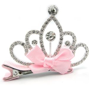 Haarspeldje voor kinderen meisjes 5x5 cm zilverkleurig kroontje tiara met strass en roze strikje koningsdag verkleed prinses met aligatorclip