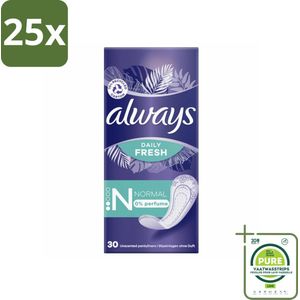 25 x Always Daily Fresh - Inlegkruisjes - Normaal - Ongeparfumeerd - 30 Inlegkruisjes - Grootverpakking - Inlegkruisjes - Always - Inlegkruisjes Normaal - Maandverband - Hygiëne