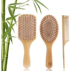 Antistatische Bamboe Haarborstel Set voor Dik en Krullend Haar - 3 Stuks