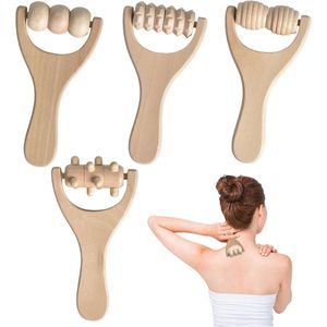 Pack van 4 Houten Massage Rollers - Fascia Roller met Handvat - Massage Roller voor Nek Schouder Benen Voeten Gezicht Rug