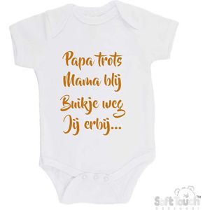 100% katoenen Romper ""Papa trots Mama blij Buikje weg Jij erbij..."""" Unisex Katoen Wit/tan Maat 68/74