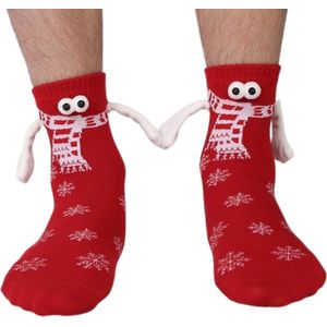Schattige sokken met magnetische handjes - Rood met ogen, sjaal en sneeuwvlokken - Sokken Dames/Kinderen maat 35-43