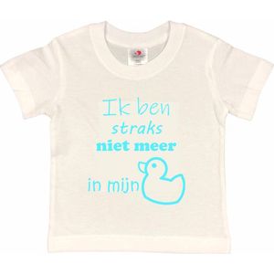 Shirt Aankondiging zwangerschap ""Ik ben straks niet meer in mijn eendje | korte mouw | wit/aquablauw | maat 134/140 zwangerschap aankondiging bekendmaking