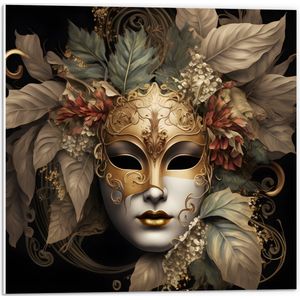 PVC Schuimplaat- Venetiaanse carnavals Masker met Gouden en Beige Details tegen Zwarte Achtergrond - 50x50 cm Foto op PVC Schuimplaat