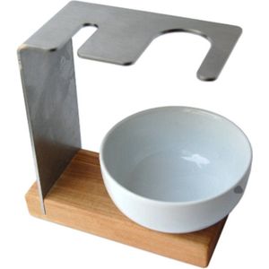 D.O.M. Scheerstandaard SYLT – Olijfhout & Roestvrij Staal met Porseleinen Kom voor Scheerkwast & Scheermes