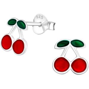 Oorbellen meisje | Zilveren oorstekers, rode kersen met groene blaadjes