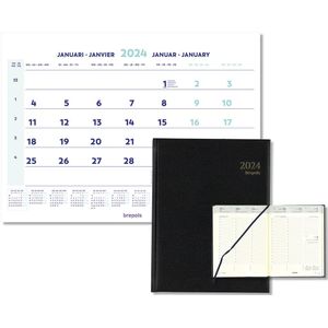 Brepols Bureau-agenda 2024 - TIMING - LIMA - Weekoverzicht - Zwart - 17,2 x 22 cm + Brepols Kalender 2024 - Maandkalender - wire-o - 43 x 31,5 cm