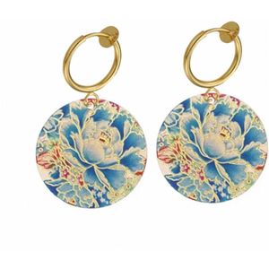 Klem oorbellen - bloem - blauw - goudkleurig