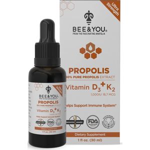 BEE&YOU 30% Puur Propolis Tinctuur - met Vitamine D3 en K2 - Grote Bron van Antioxidanten - Natuurlijke Ondersteuning van het Immuunsysteem - 30 ml