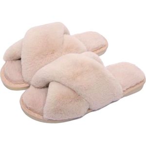 Pluchen Sloffen Pantoffels - Dames Slippers - Instappers - Lichtroze kleur - Maat 38-39 - Valt klein