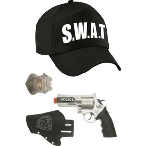 Politie/SWAT team verkleed cap/pet blauw met pistool/holster/badge voor kinderen