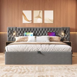 KOMHTOM Tweepersoonsbed met hydraulische opbergruimte 160x200 cm 2 nachtkastjes hoofdbord met leeslampje en USB-opladen Fluweel Grijs met matras