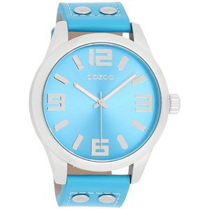 OOZOO Timepieces - Zilverkleurige horloge met licht blauwe leren band - C1075