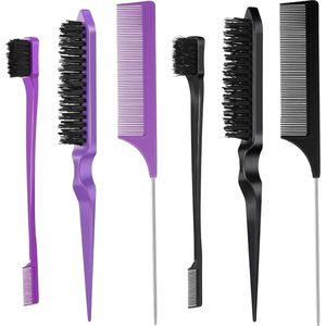 6-delige haarborstelset, gladde haarborstel, randen borstel terug kamborstels rattenstaart haarkam zachte haren haarborstel toupeerborstel gladmakende haarborstel (zwart, paars)