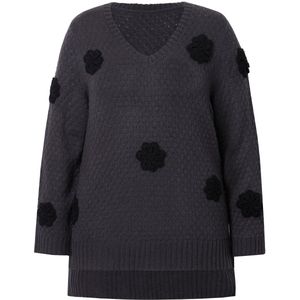 MIAMODA - Dames - Pullover classic fit 3D-bloemen zijsplitten - Antraciet - Maat 58+