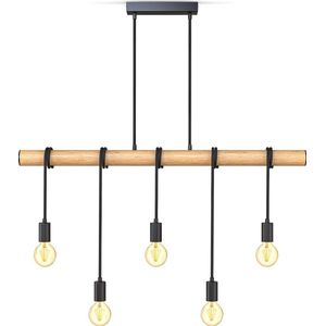 B.K.Licht - Landelijke Hanglamp - eetkamer - zwart - hout - industriële hanglampen - voor binnen - met 5 lichtpunten - pendellamp - in hoogte verstelbaar - E27 fitting - excl. lichtbronnen