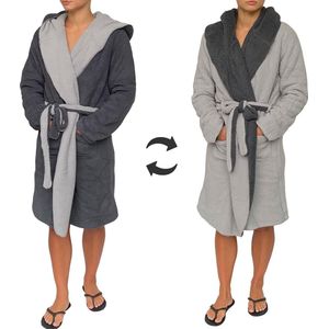 Badjas - Micro Fleece - Grijs - Dubbelzijdig met Capuchon - Cadeau - Oeko-Tex Standard 100