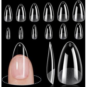 600 stuks natuurlijke amandelvormige nageltips voor platte en gebogen nagels, extra dikke kunstnagels, volledige dekking, 12 maten (half mat, transparant) - Nagelverlenging en manicure accessoires
