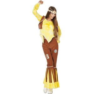 Wilbers & Wilbers - Hippie Kostuum - Gele Hippy Flower Power Ms Brown - Vrouw - geel,bruin - Maat 44 - Carnavalskleding - Verkleedkleding