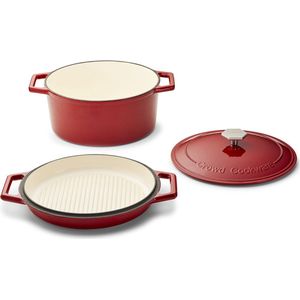 The Tasman Dutch Oven en Grill - Kookpot - Gerecycled Gietijzer - met traditionele en grill deksel - Ø29 cm – Rood