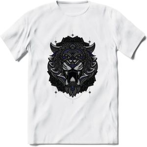 Tijger - Dieren Mandala T-Shirt | Donkerblauw | Grappig Verjaardag Zentangle Dierenkop Cadeau Shirt | Dames - Heren - Unisex | Wildlife Tshirt Kleding Kado | - Wit - S