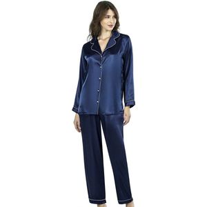 Satijn Dames Pyjamaset- Luxe Pyjama- Nachtkleding Donkerblauw Maat S