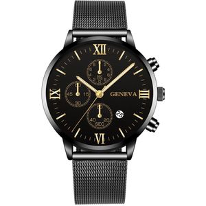 Hidzo Horloge Geneva Ø 41 - Met Datumaanduiding - Zwart/Gouden Wijzers - Staal - Inclusief Horlogedoosje
