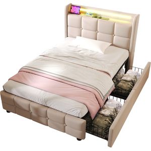 Merax Gestoffeerd Eenpersoonsbed met USB-Aansluiting - 90x200 cm Luxe Bed met 2 Lades en LED-verlichting - Verstelbaar Hoofdbord - Beige