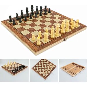 Magnetic game board - set 3in1 - schaakbord - damspel, schaken, backgammon - hout - schaakset - chess - Opklapbaar 29CM