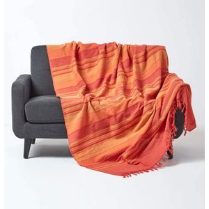 Grote Marokko sprei, oranje, banksprei van 100% katoen, zachte deken 225 x 255 cm, oranje-terracotta strepen, met franjes