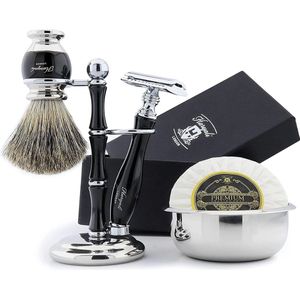 Complete scheerset voor mannen, Haryali London-scheerset voor het scheren van mannen, met DE Safety Razor, scheerkwast, scheerstandaard, scheerkom en zeep, beste scheerset voor mannen in zwarte kleur