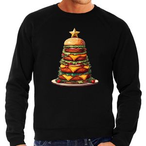Bellatio Decorations Kerst trui / sweater heren - kerstboom van hamburgers - zwart - fastfood liefhebber - Kerstmis S