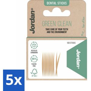 5 x Jordan - Tandenstokers - Green Clean - 100 Stokers - Tandenstoker - Houten Tandenstoker - Duurzaam Tandenstoker - Plasticvrije Tandenstoker - Berkenhout Tandenstoker
