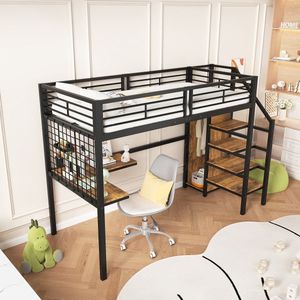 Sweiko IJzeren bed, Stapelbed, Hoogbed, Geschikt Voor Kinderen en Tieners, met tafel en kledingkast, zijladder met leuningen, ijzer+spaanplaat, Zwart+Donker Hout kleur, 90x200cm(Geen matras)