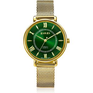 ZINZI Twenty horloge met groene wijzerplaat, geelgoudkleurige stalen kast 34mm en stalen meshband ZIW2054