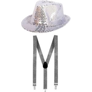 Toppers - Faram Verkleedkleding set zilveren hoed en bretels glitter volwassenen