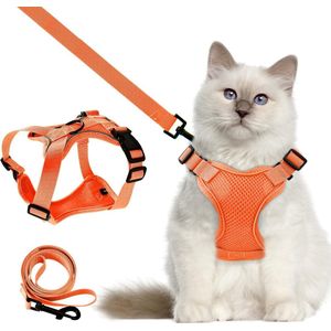 Kattentuig met riem, 150 cm ontsnappingsbestendige kattenriem met harnas voor katten, verstelbare zachte kattenvestcontrole, ademende kattenriem met reflecterende strips (S, oranje)