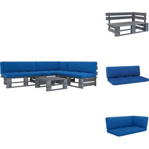 vidaXL loungeset Pallet - grenenhout - koningsblauwe kussens - tafel 60x60x25cm - midden/hoekbank 110x65x55cm - geschikt voor binnen en buiten - montage vereist - Tuinset