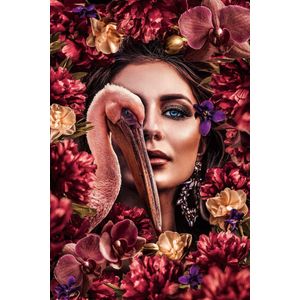 Foto Glas Art - Pelikaan en vrouw omringt door bloemen, multi-gekleurd, prachtig voor in de woon en of slaapkamer, inclusief ophang materiaal.