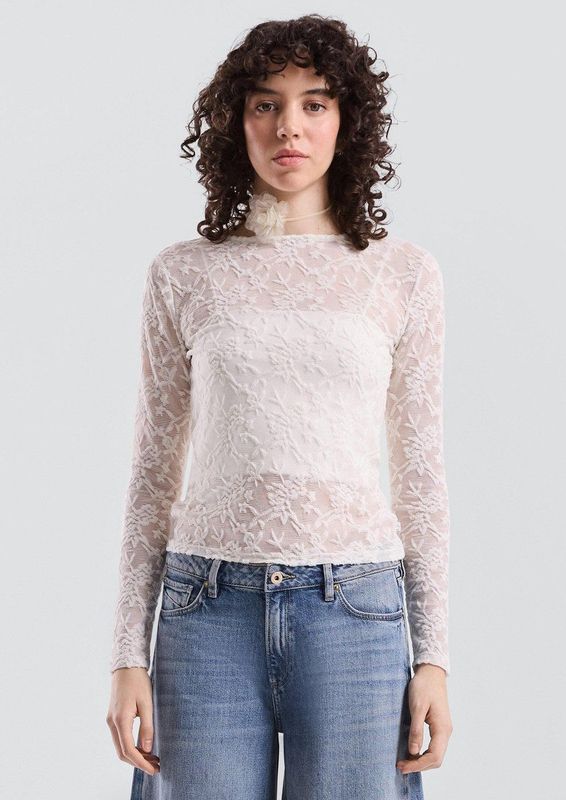 QS - Longsleeve - Kanten - Slim-fit - Semi-transparant - Zachte Polyestermix