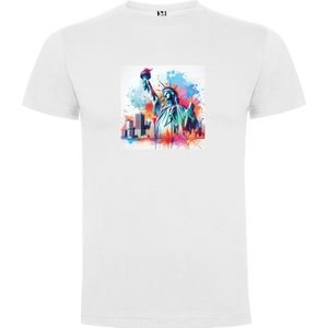 Wit T-Shirt met “ Kleurrijke Lady Liberty / Vrijheidsbeeld NY “ Print Full Color Maat XS
